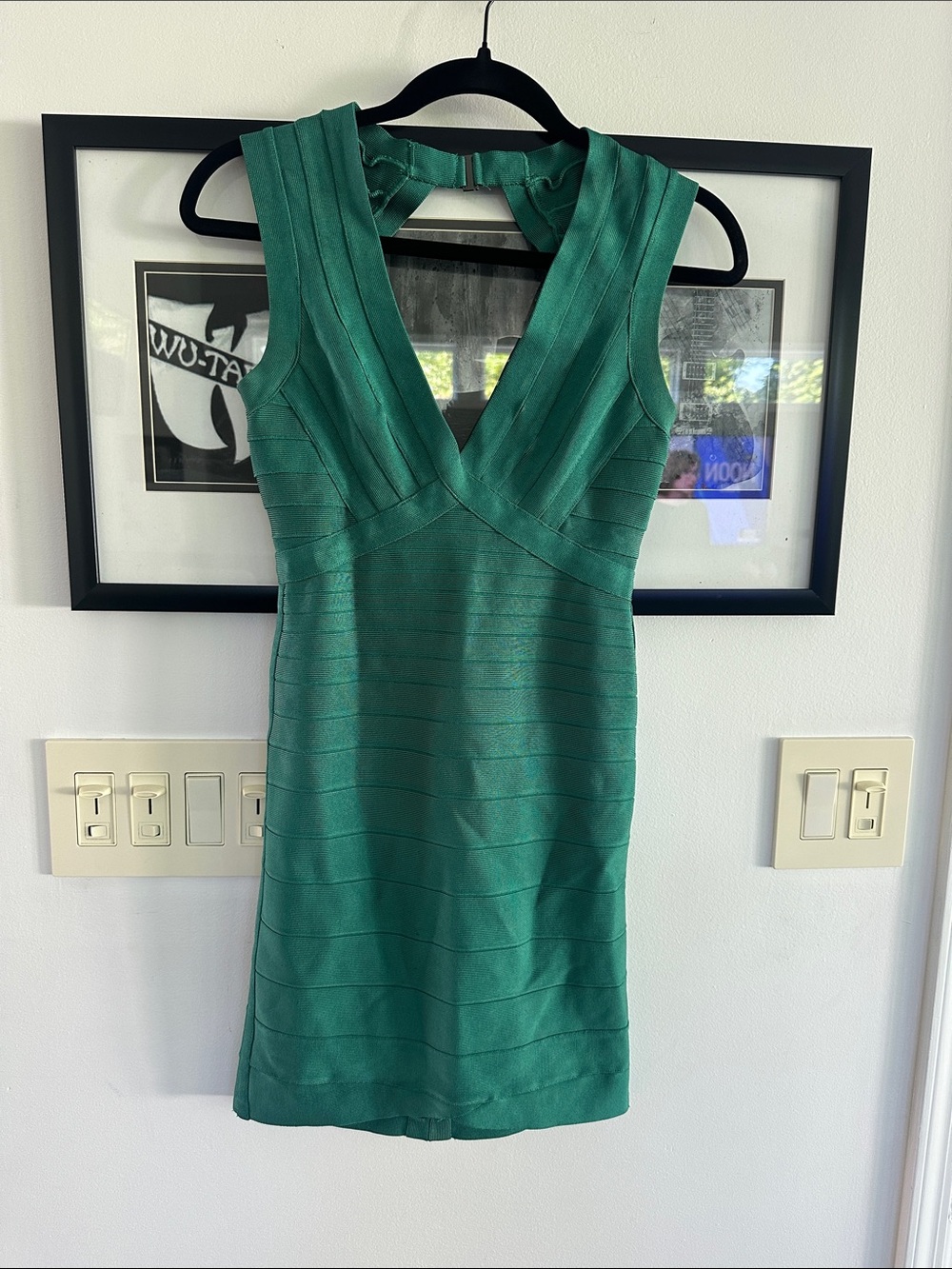 Herve Leger green open back mini bandage dress size small